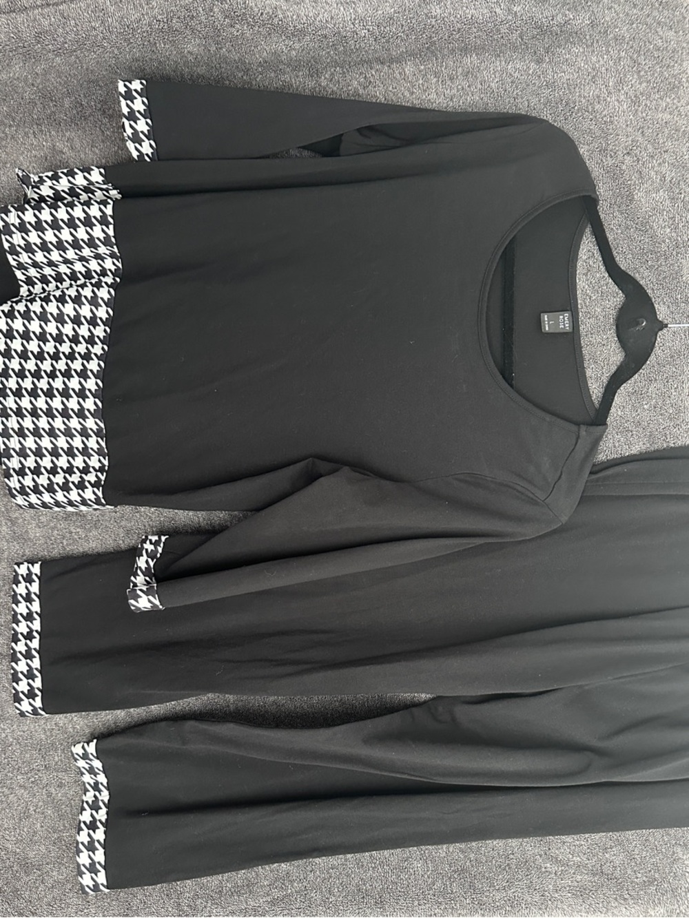 Women's Black Long Sleeve Top with Houndstooth Trim